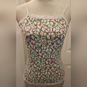 Y2K Arizona Jean Co Multicolor Peace Sign Baby Tee Tank Top w Lace Trim.